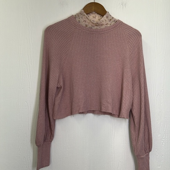 Free People - Light Pink Floral MockNeck Waffle Long Sleeve Crop Top Size XS - Picture 7 of 11